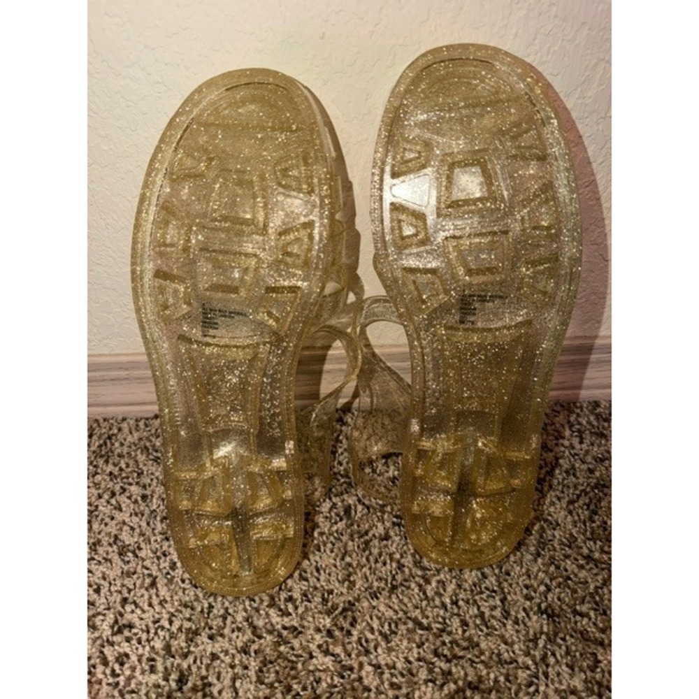 Gold Glitter Jelly Sandals Womens Size 8 Cage Fisherman Flat Ankle Strap Retro - Picture 2 of 2